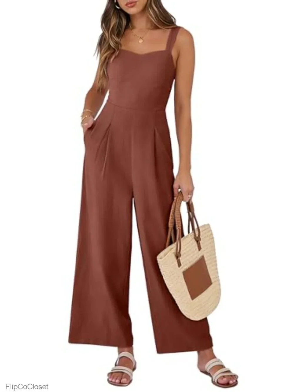 Womens Sleeveless Wide Leg Jumpsuit Smocked Back Pockets Rayon Summer Romper